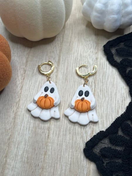 White pumpkin ghost huggie earrings