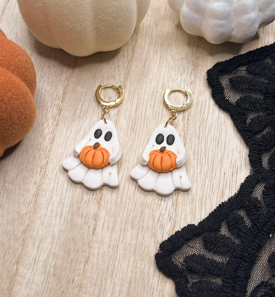 White pumpkin ghost huggie earrings