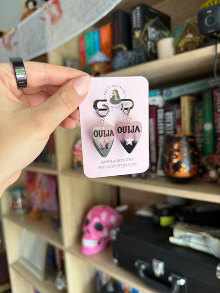 Pink & Black Ouija planchette huggie earrings