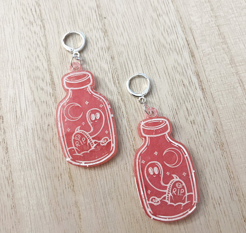 Resin ghost in bottle huggie earrings