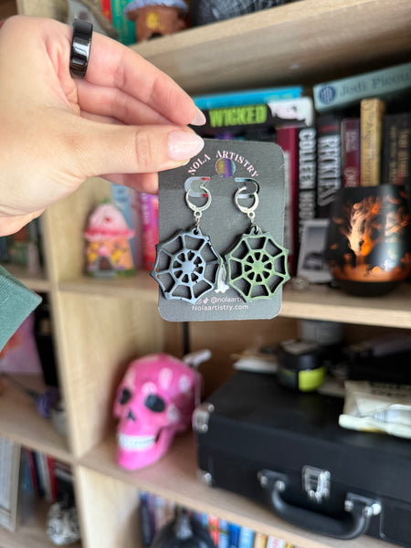 Resin spider web huggie earrings