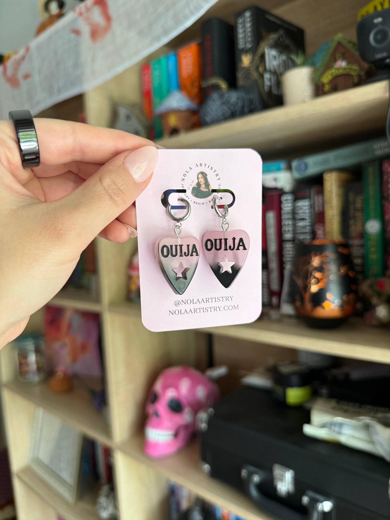 Pink & Black Ouija planchette huggie earrings