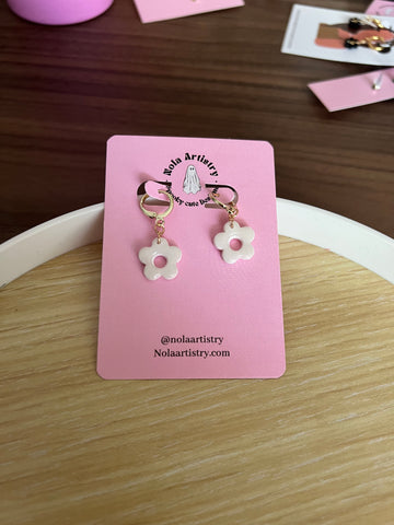 Small White Floral Huggie Hoops