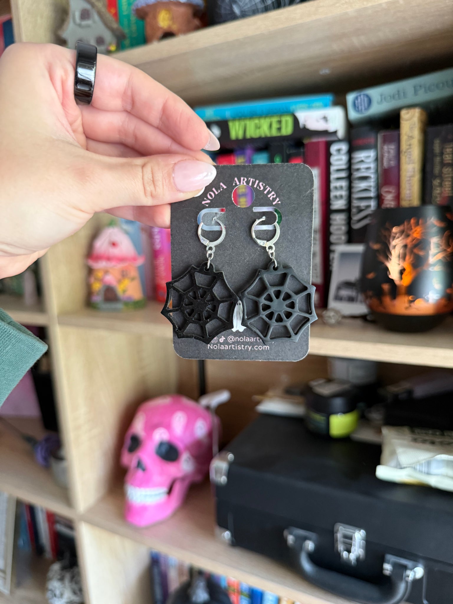 Resin spider web huggie earrings