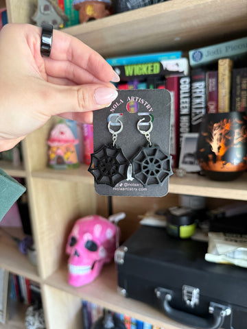 Resin spider web huggie earrings