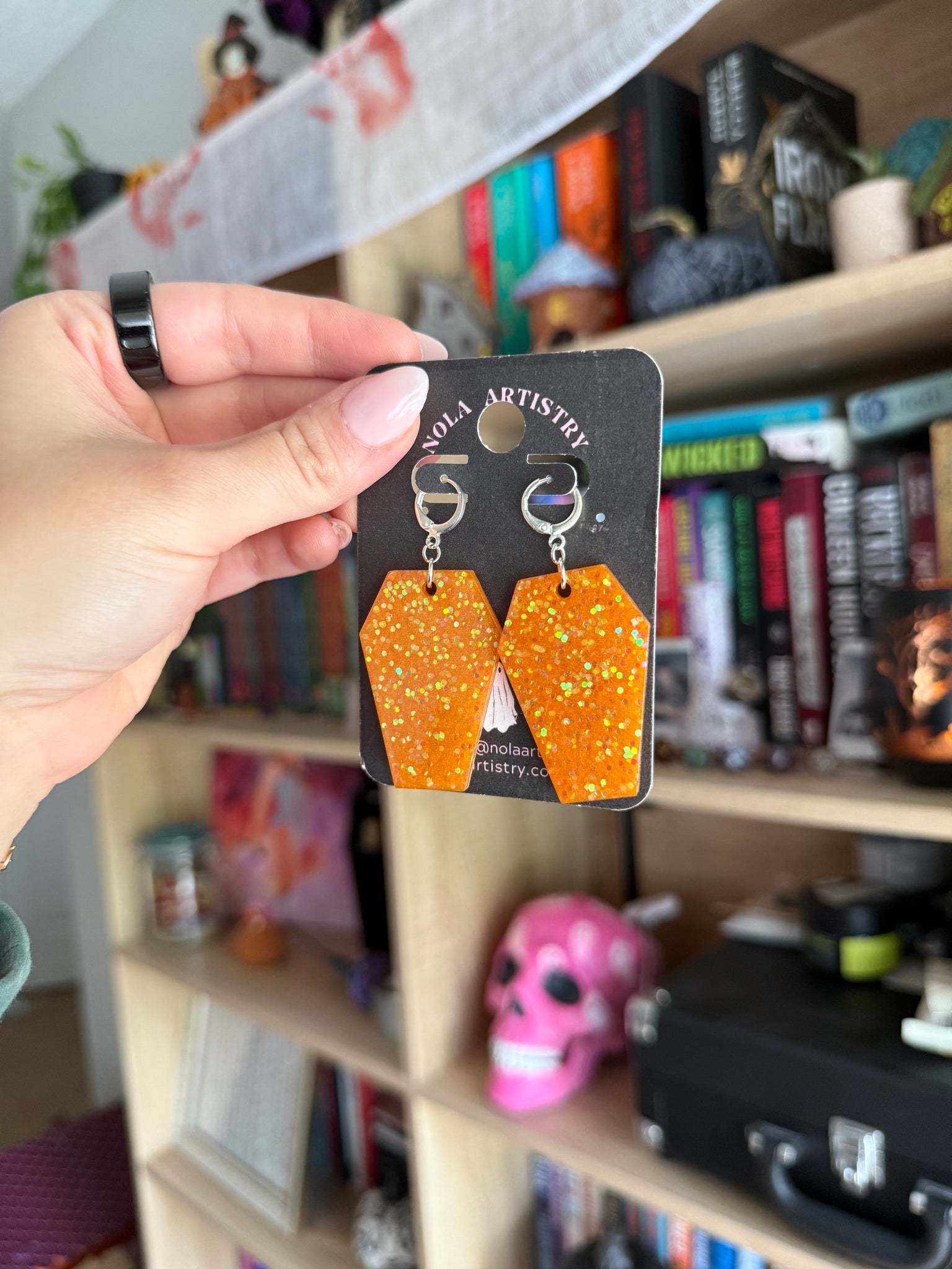 Orange glittery coffin huggie earrings