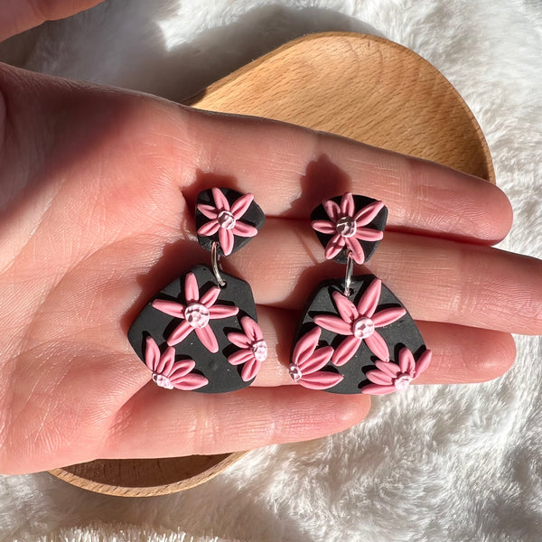 Pink and black floral trapezoid earrings