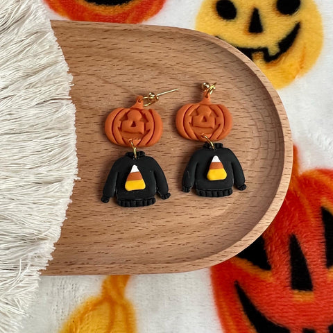 Pumpkin head / candy corn sweater earrings