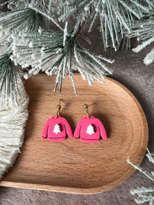 Pink holiday sweater earrings