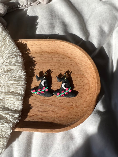 Floral moon witch hat earrings