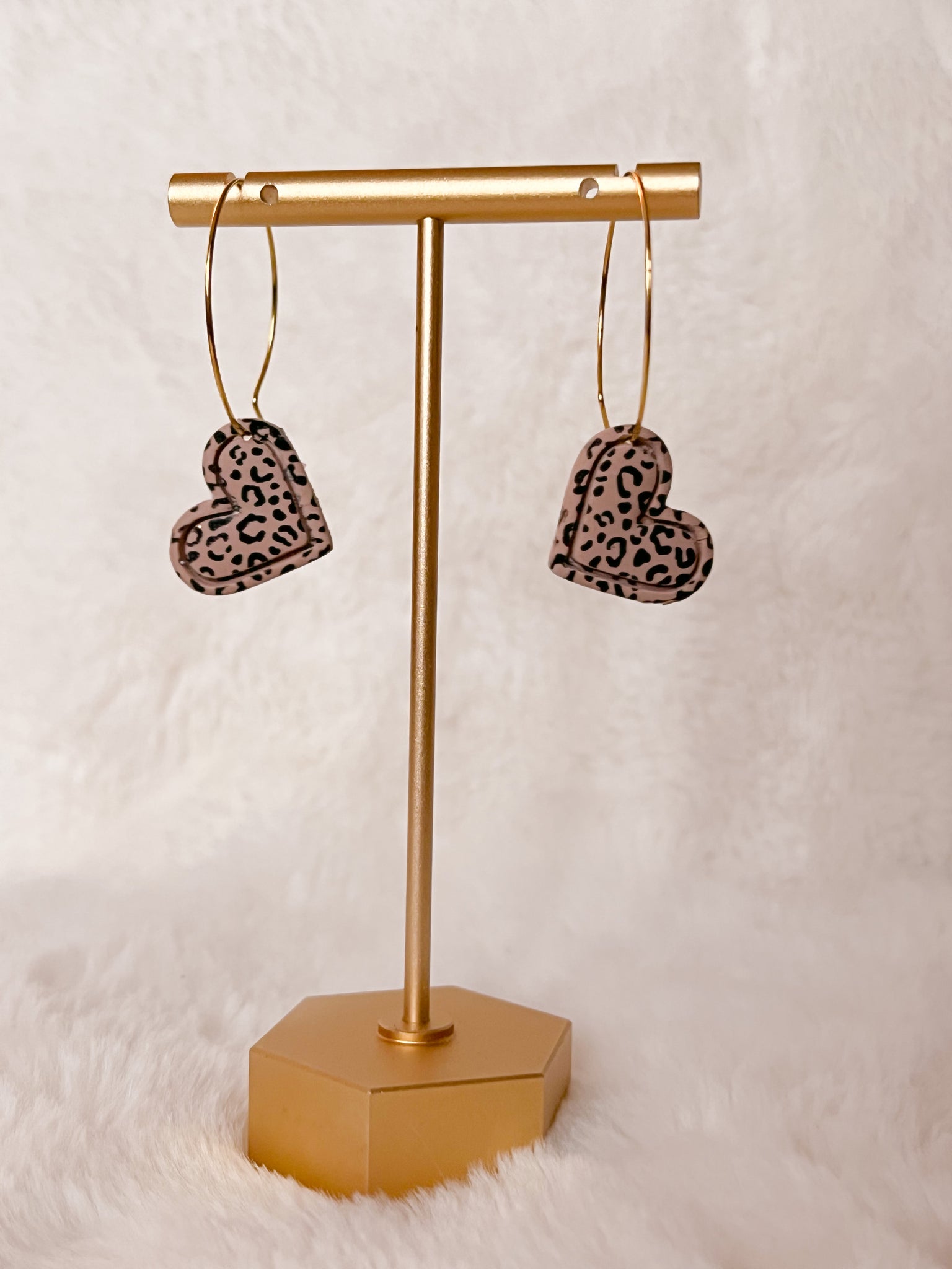 Leopard print heart hoops